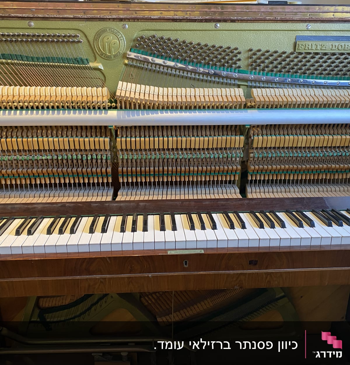 מנגנון פנימי של פסנתר עם מקלדות ופטישים